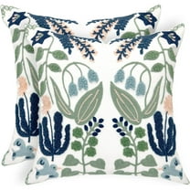 2-Pack Summer Floral Embroidered Throw Pillow Covers 18x18 Inch, Farmhouse Navy Blue Flowers Green Leaves Tufted Cotton Cushion Cases for Couch, Bed, Living Room