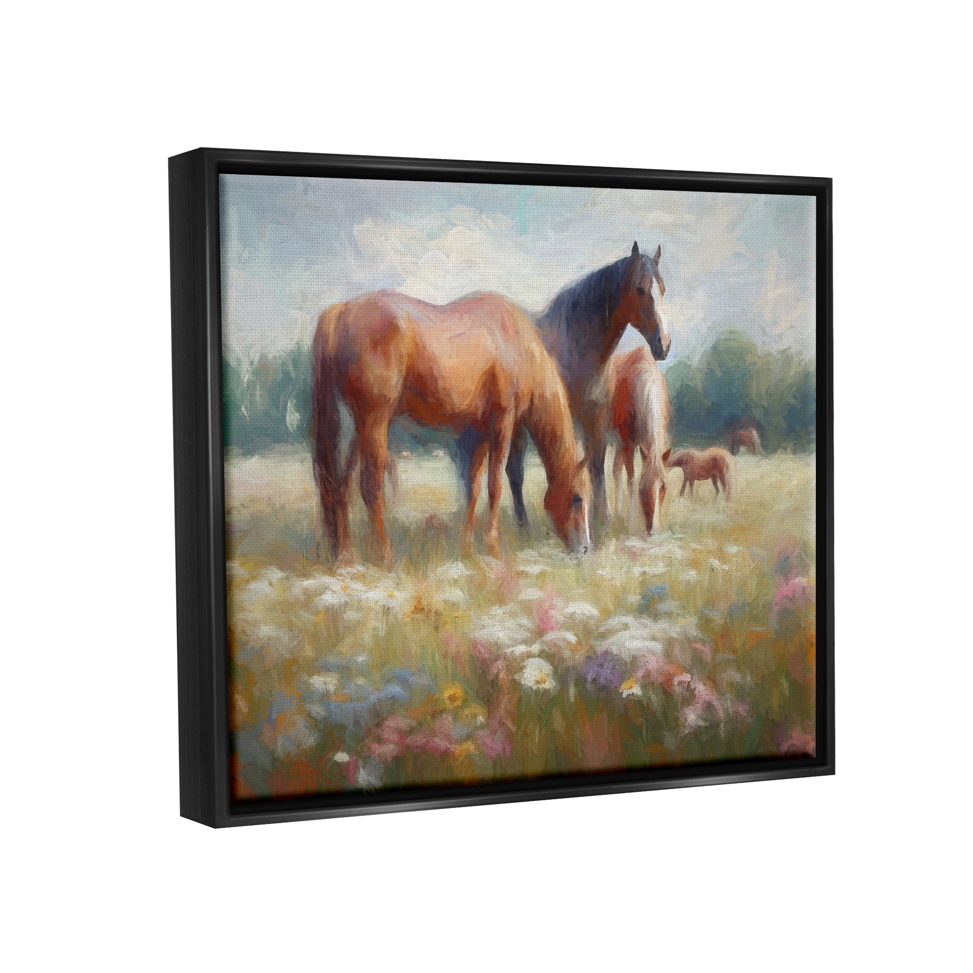 Stupell Industries Horse Family in Meadow Animals & Insects Painting Black Floater Framed Canvas Art Print Wall Art, 21 x 17