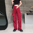 thumbnail image 2 of Gibobby Pantalones de mezclilla tipo cargo para mujer Pantalones cargo sueltos de calle con cintura elástica diaria para mujer Pantalones con bolsillos(Rojo,XL), 2 of 5
