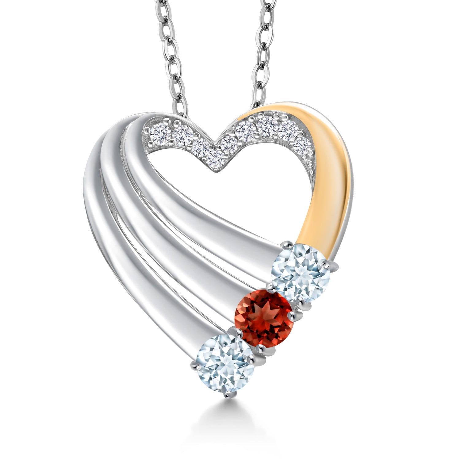 Gem Stone King 925 Silver and 10K Yellow Gold Sky Blue Aquamarine and Red Garnet and White Lab Grown Diamond Heart Pendant for Women | 0.97 Cttw | Gemstone March Birthstone | With 18 inch Chain
