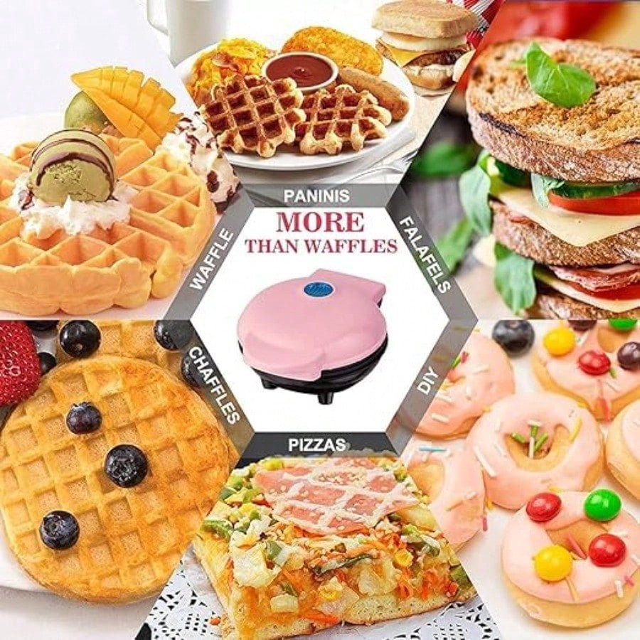 Mini Waffle Maker 4 Inch Plate Waffle Iron for Hash Browns Keto Chaffles Snacks Sandwich Compact Design Non-Stick Surface Easy to Clean Heart Pink