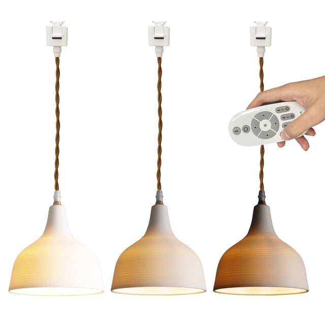 FSLiving J-Type Track Lighting Pendant Restaurant Chandelier Cone Shape Handmade Retro White Ceramics Shade Remote Control with Dimmable Bulbs Industrial Customizable-3 Lights