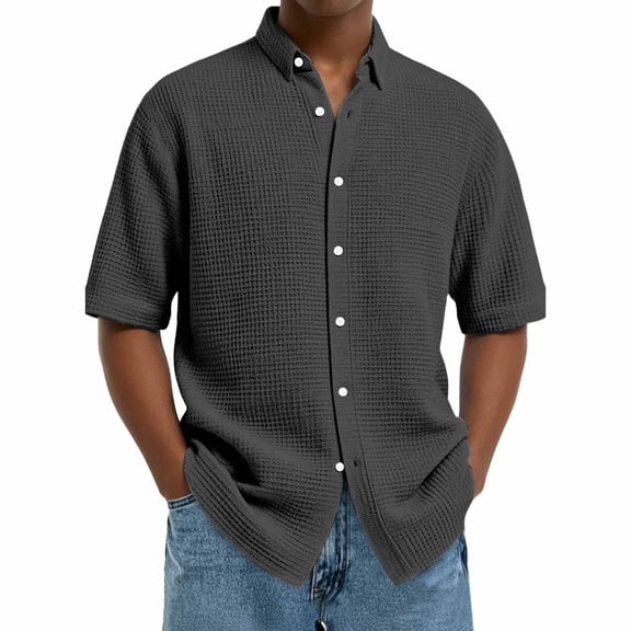 BRGZLK Men's Waffle Knit Shirt Solid Color Casual Fashion Short Sleeve Loose Fit Turn-Down Collar Button-Down Shirt Comfy Lightweight Summer Shirts 2026 Black XXXXXL