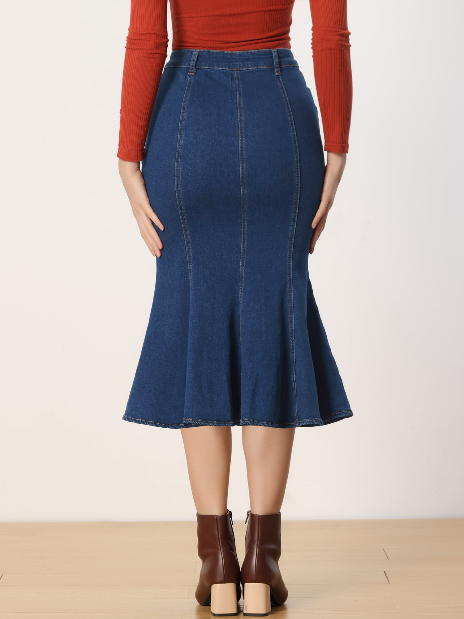 DARING DIVA Women's Soft Elegant Washed Fishtail Casual Midi Denim Skirt S Blue