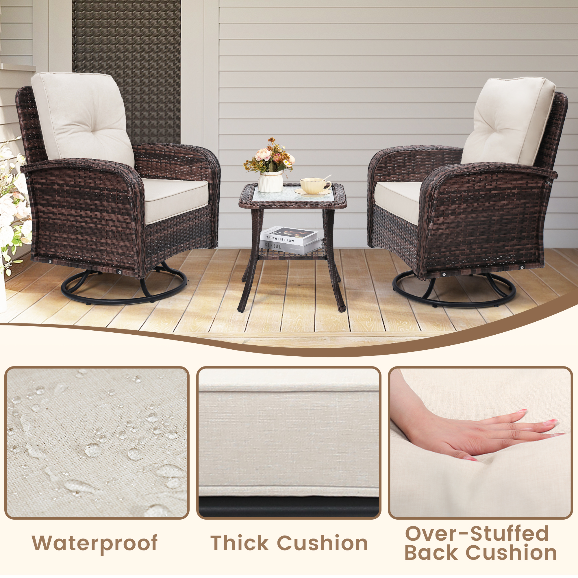 Melocadol Patio Wicker Glider Set, 2 Swivel Chairs with Matching Table, Comfy Washable Seat Cushions, Premium Outdoor Furniture for Garden, Balcony, Brown Rattan， Beige Cushions