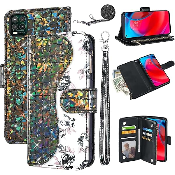 wonima11 Floral Wallet Case for Moto G Stylus 5G 2021 with Wrist Strap Shoulder Strap Flip Zipper Purse Card Holder,Stand Sparkly Glitter Bling Cell Phone Cover for Motorola GStylus G5 XT2131DL Black