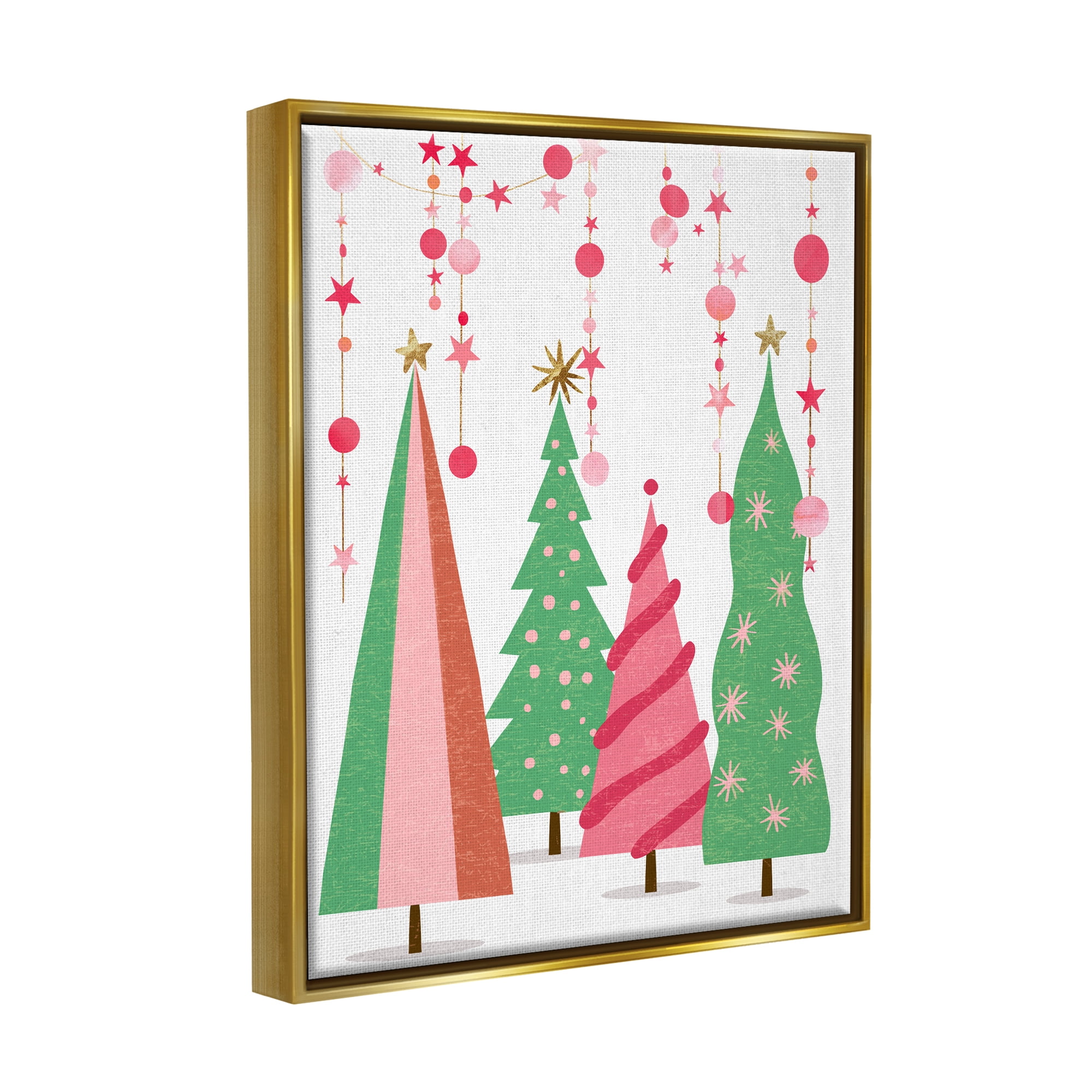 Stupell Industries Pink & Green Christmas Trees Holiday Painting Gold Floater Framed Art Print Wall Art