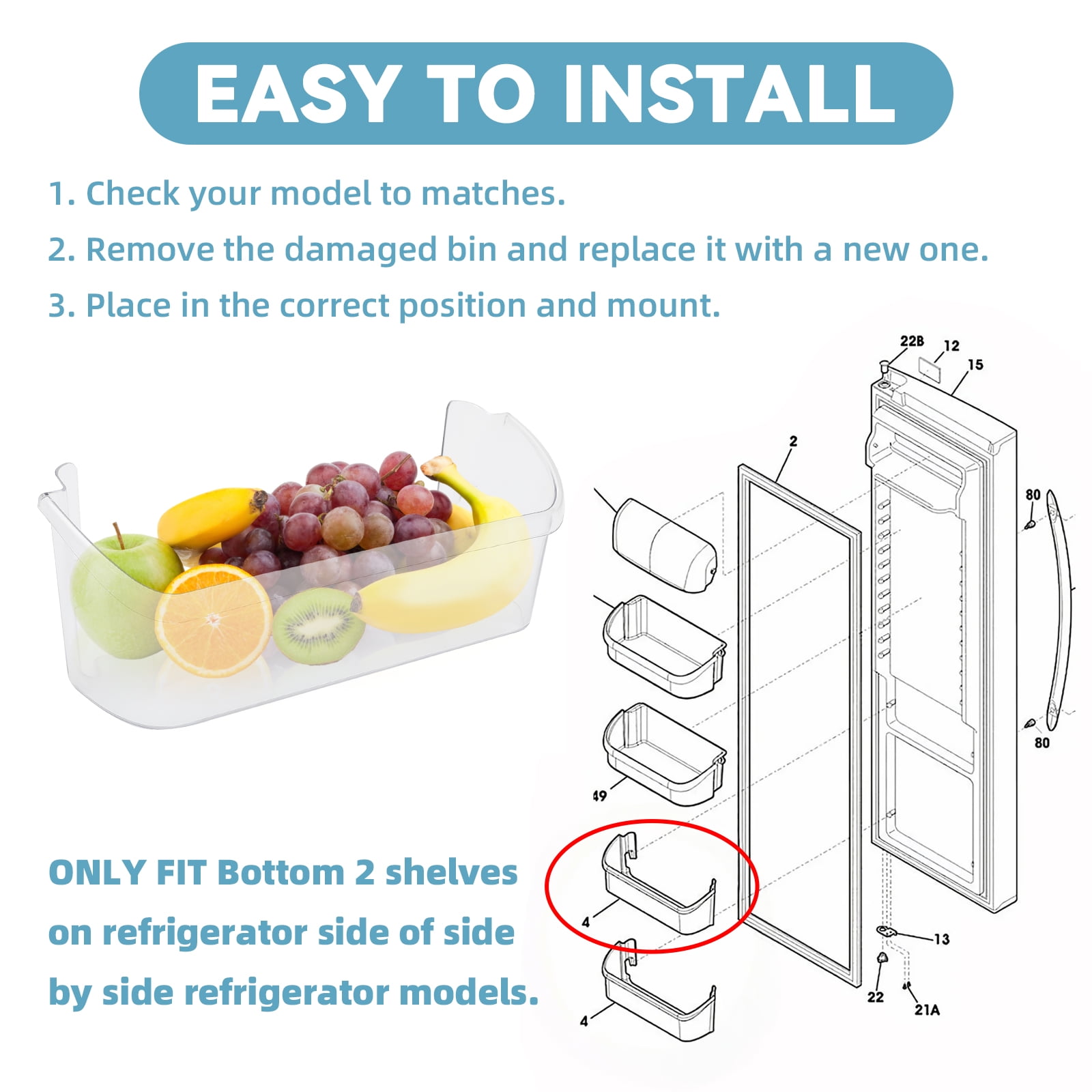 Kojem Door Bin Shelf Compatible with Frigidaire Refrigerator 242126602 FFSS2625TS0