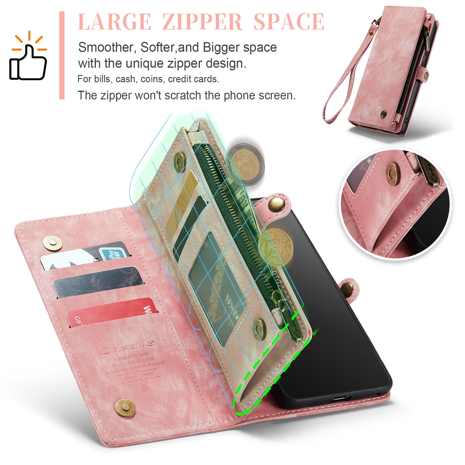 Feishell Durable 2-In-1 Magnetic Detachable Wallet Case for Samsung Galaxy S22,for Women Men,Premium PU Leather Zipper Pocket Flip Multi Card Slots Purse Phone Case with Wrist Strap,Pink