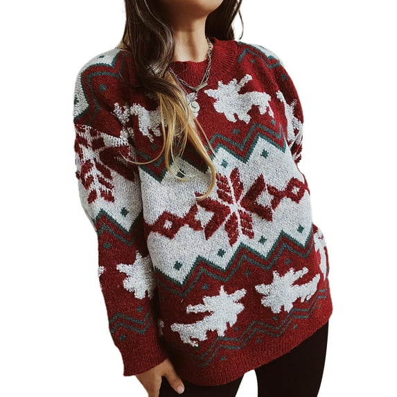 Liacowi Women Juniors Christmas Knitted Sweater Long Sleeve Snowflake Reindeer Embroidery Pullover Retro Jumpers Tops Fall Loose Knitwear for Teen