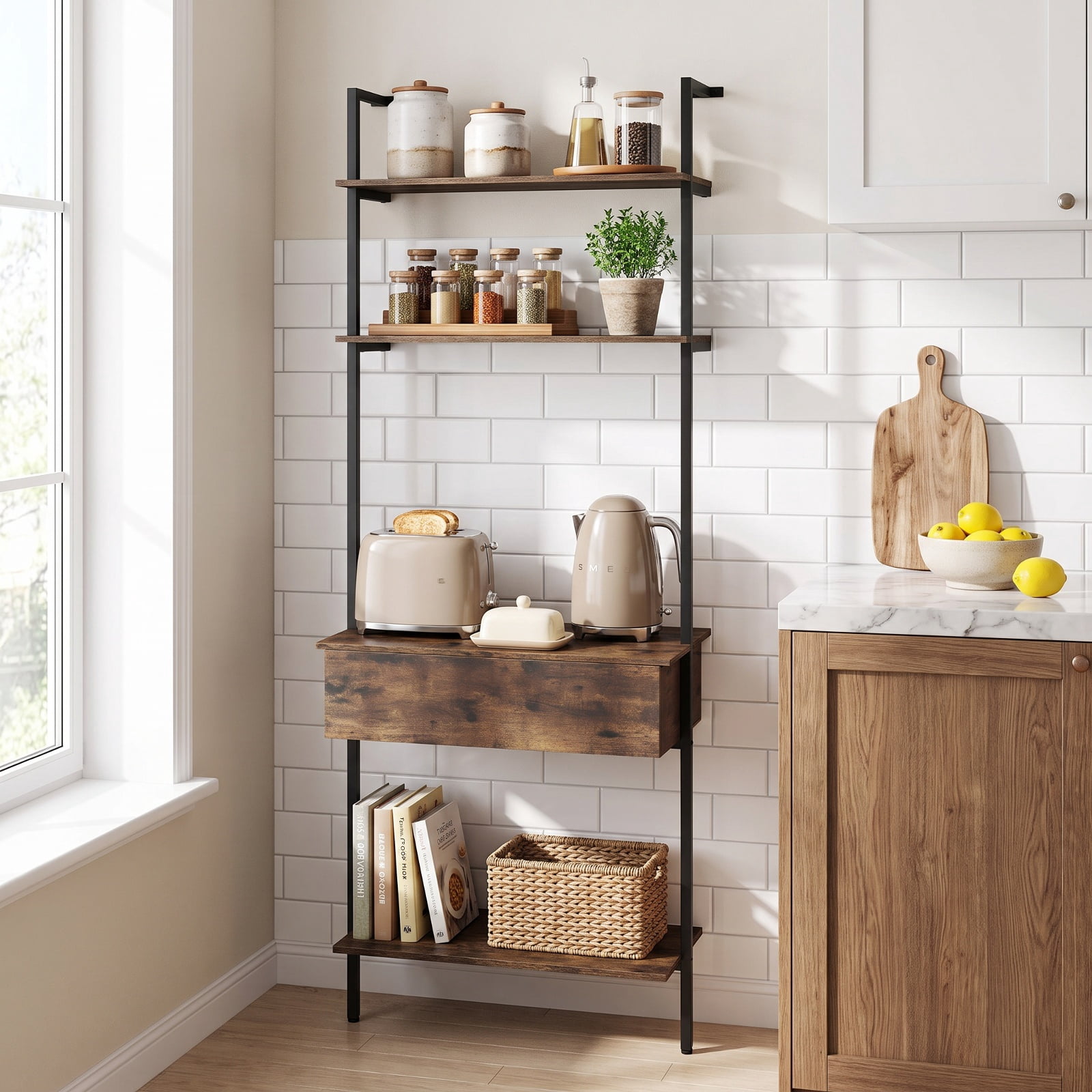 Furnibear 4-Tier Ladder Bookshelf with Drawer and Metal Frame for Living Room for Living Room Home Office Bedroom Display Storage Shelf, Rustic Brown