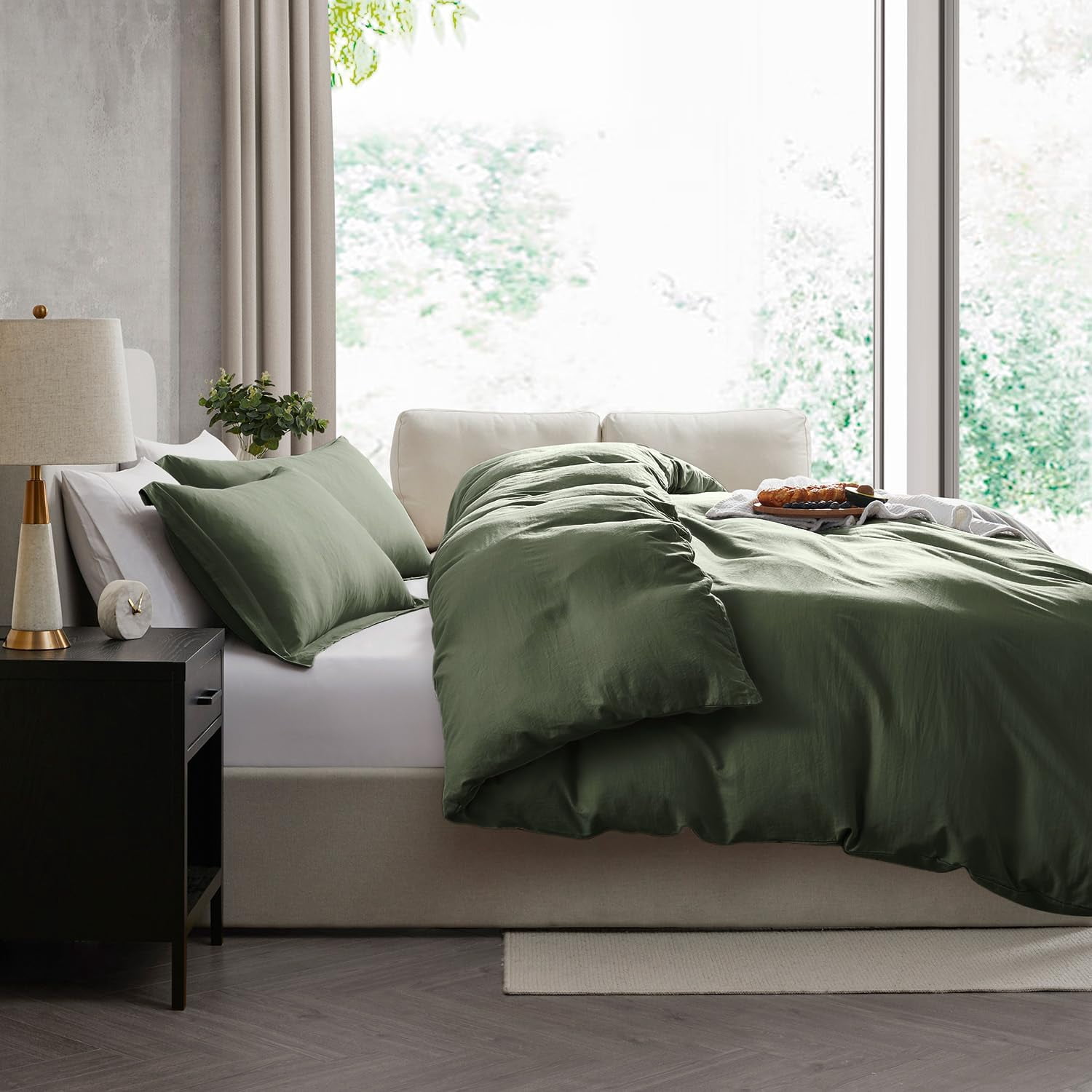 LammaLoe Duvet Cover Queen Size, Soft Prewashed 3-Piece Duvet Cover Bedding Set with Pillow Shams, Olive Green