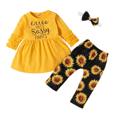 

AIMAOMI Baby Girls Ruffled Letter Dress+Sunflowers Flared Pants Outfits H