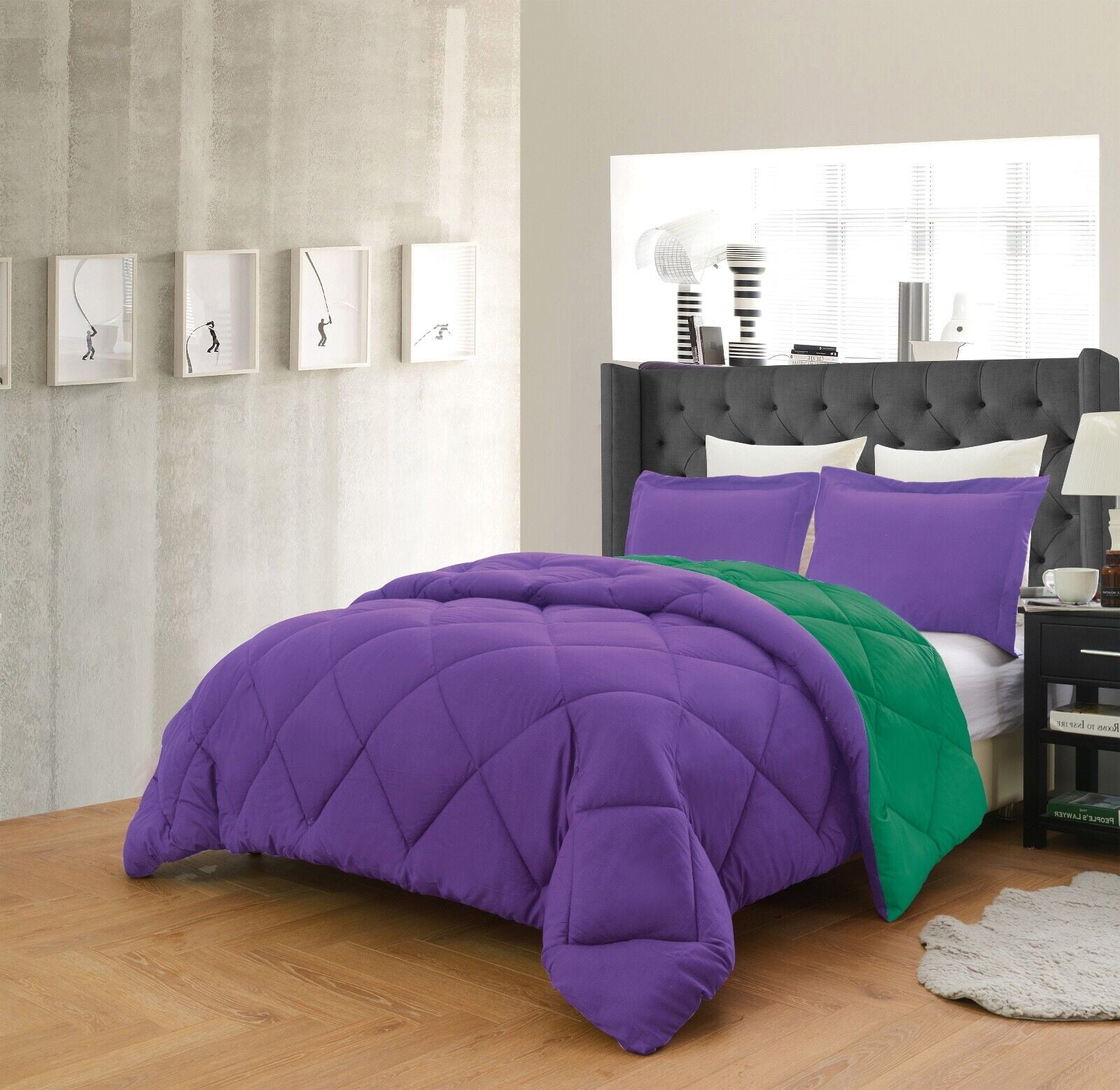 Reversible Comforter and Pillow Shams 3-Piece Set In All Colors - Down Alternative