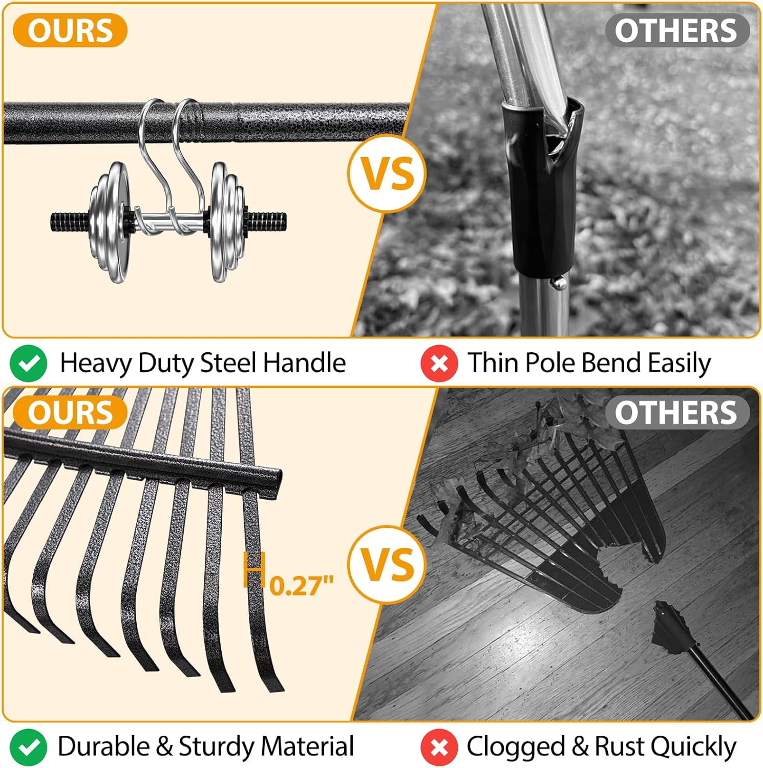 Rake, Garden Leaf Rakes for Lawns Heavy Duty, Yard Metal Rake Tools with 9" Small Narrow Head, 65” Adjustable Long Handle, 11 Steel Tines, Quick Clean up Shrub, Flower Bed, Camping