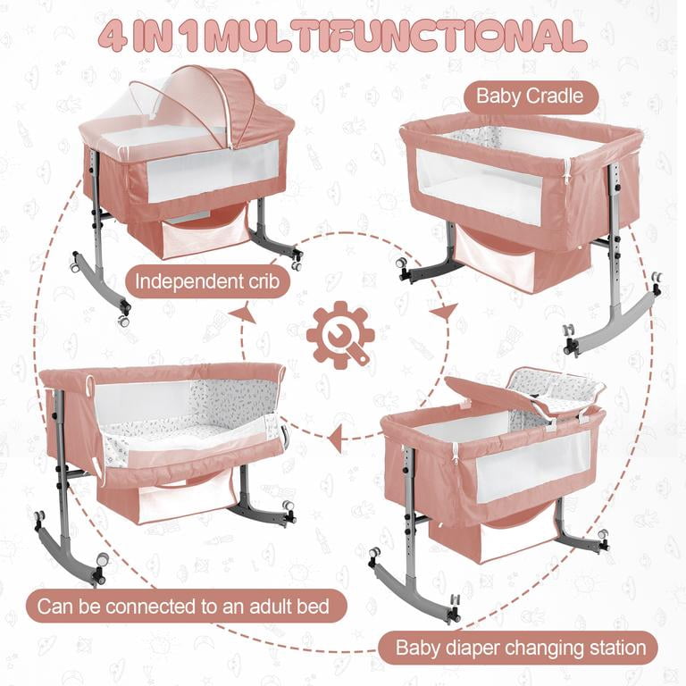 Dapmiu 4-in-1 Convertible Baby Crib, Bedside Sleeper with Changing Table, 6-Level Height Adjustable, Rocking Crib, Silent Wheels, Storage Basket, Mosquito Net, for Newborn to 24 Months,Ash Gray