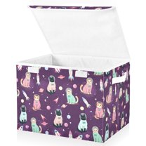 Yayeee Collapsible Cube Storage Bin with Lid Fabric Closet Decorative Basket with Handles, Purple Space Cat Pattern