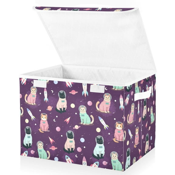 Yayeee Collapsible Cube Storage Bin with Lid Fabric Closet Decorative Basket with Handles, Purple Space Cat Pattern
