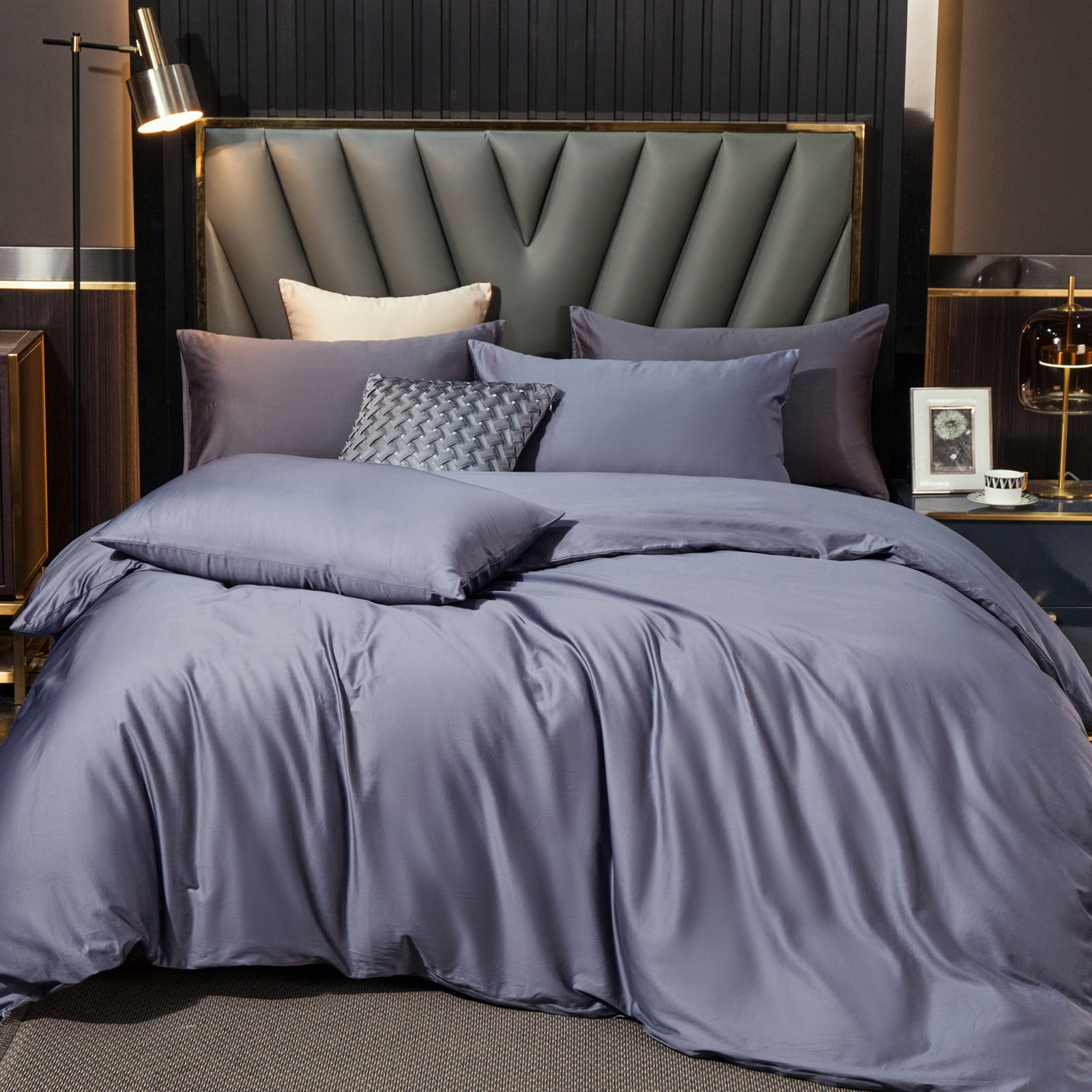 MooMee Duvet Cover Set Queen 600-TC 100% Extra Long-Staple Cotton Sateen Silky Smooth Luxury (Blueish Grey)