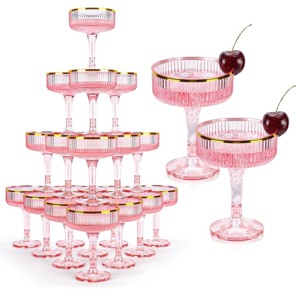 "30 Pack Pink 5 OZ Plastic Champagne Coupe Glasses With Gold Rim Stackable Stemmed For Weddings Birthday Party Bar Hosting Glassware