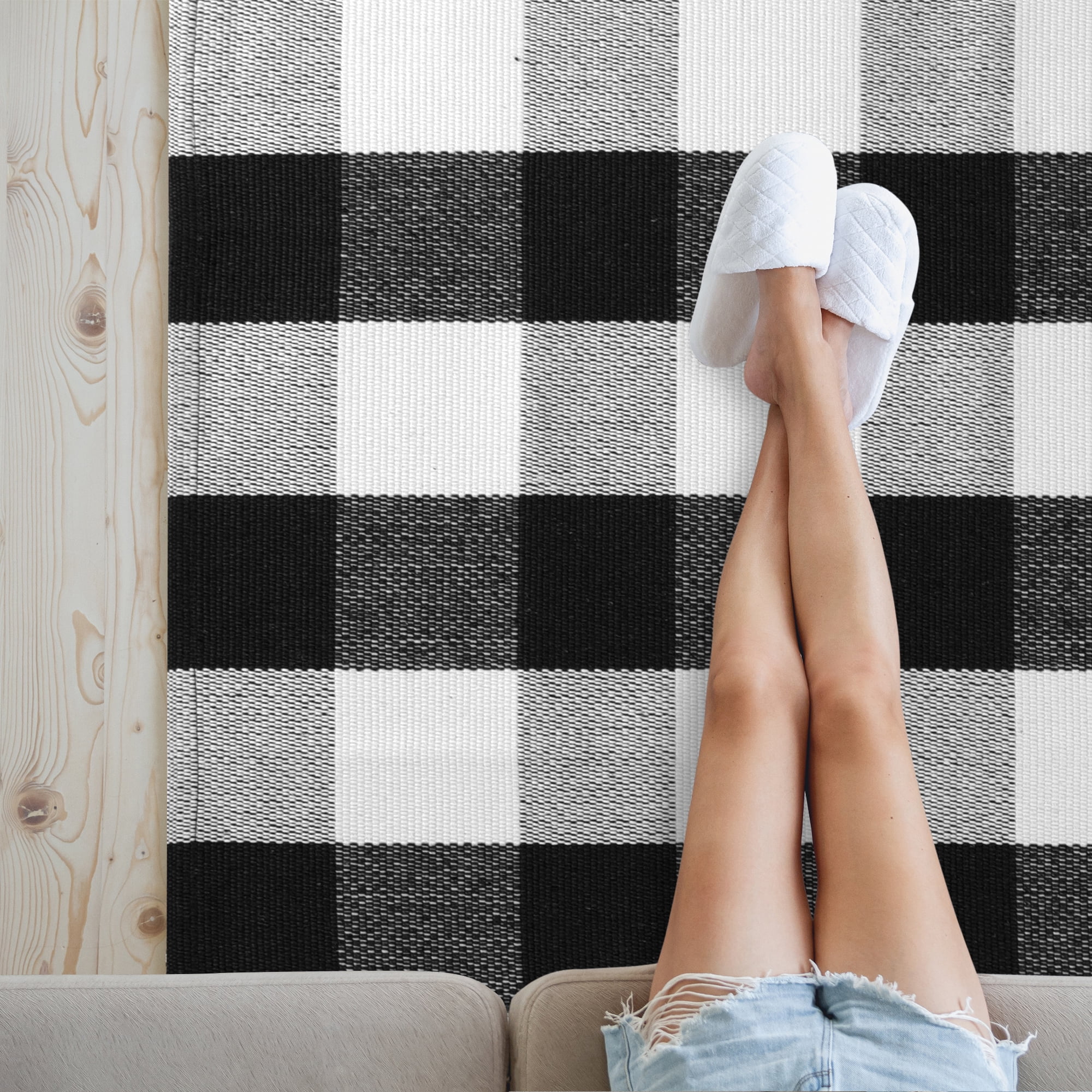 Unique Bargains Cotton Woven Checkered Area Floor Rug Carpet Mat Black & White 43"x28"