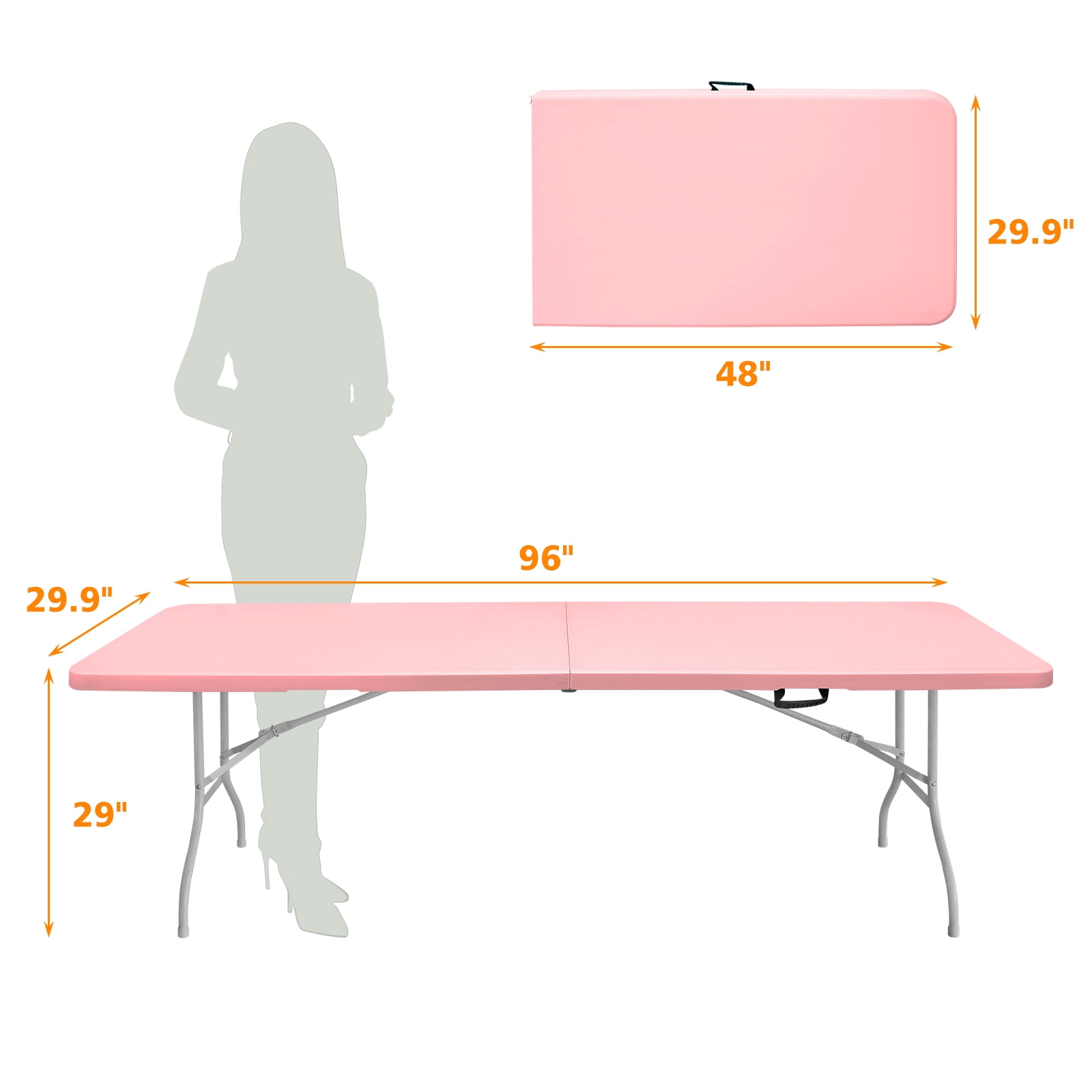 8ft Pink Portable Folding Plastic Table, Waterproof Easy Clean HDPE Tabletop with Steel Frame, Stable Triangular Support Foldable Table for Camping Picnic Party Indoor Outdoor Use