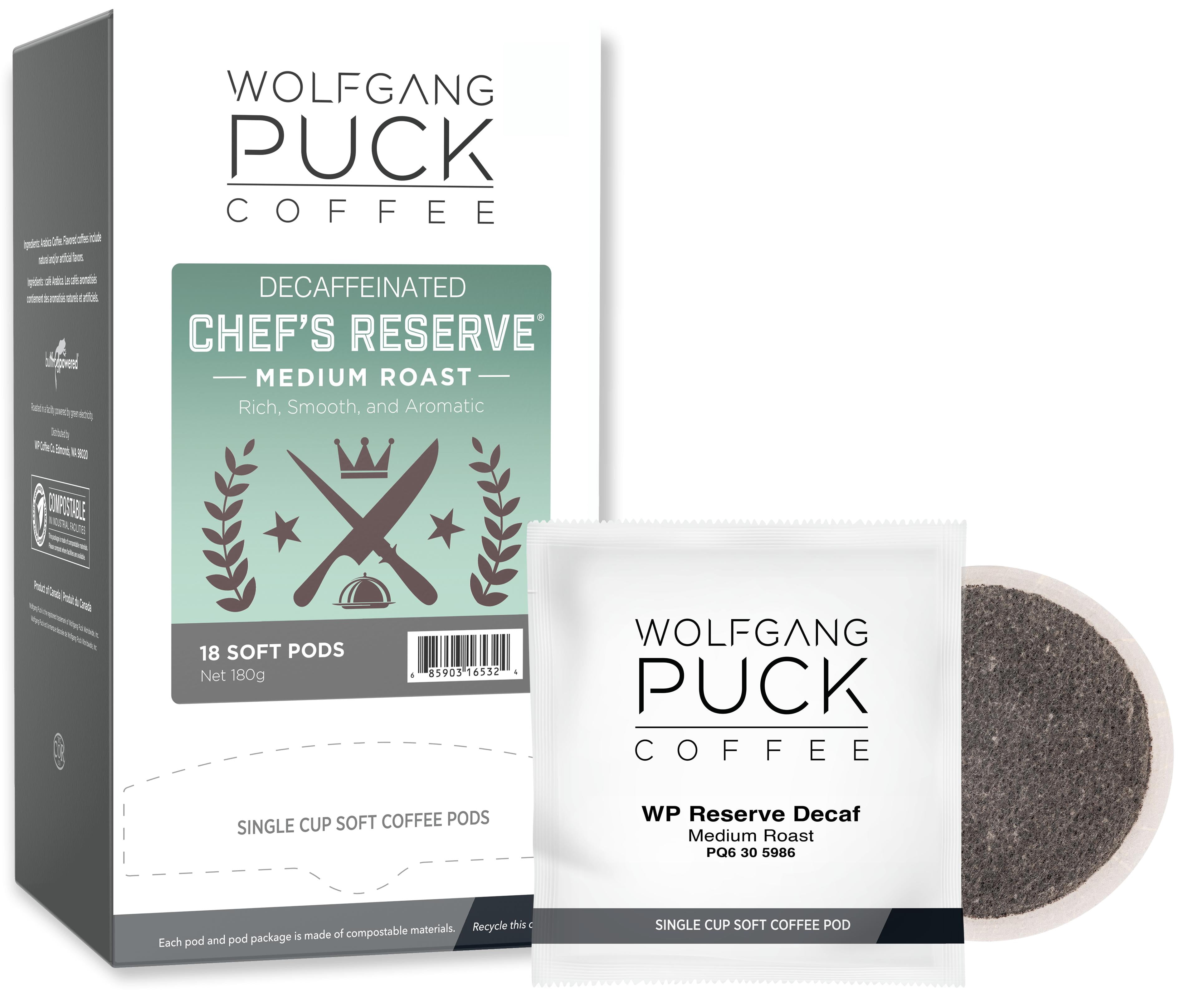 Wolfgang Puck Coffee Soft Pods, Chef's Reserve Decaf, 18 count (Pack of 6)