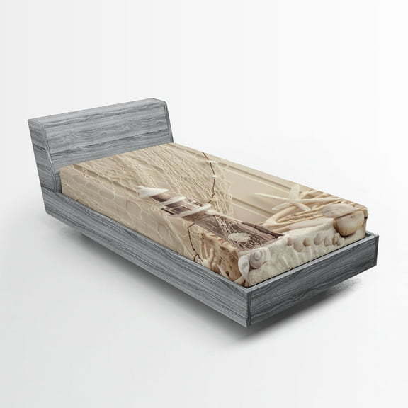 Ambesonne Underwater Fitted Sheet, Marine Fishing Net, Twin XL Size, Beige Cream