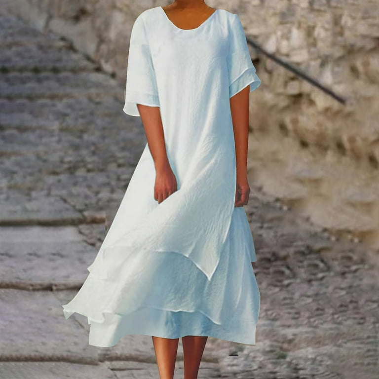 XVJRHAK Petite Maxi Dresses for Women Petite Length Women's Solid Round  Neck Buttonless Cotton And Linen Irregular Flowing Hem Long Casual Dress  Mid-Length(Blue,XXXL) - Walmart.com