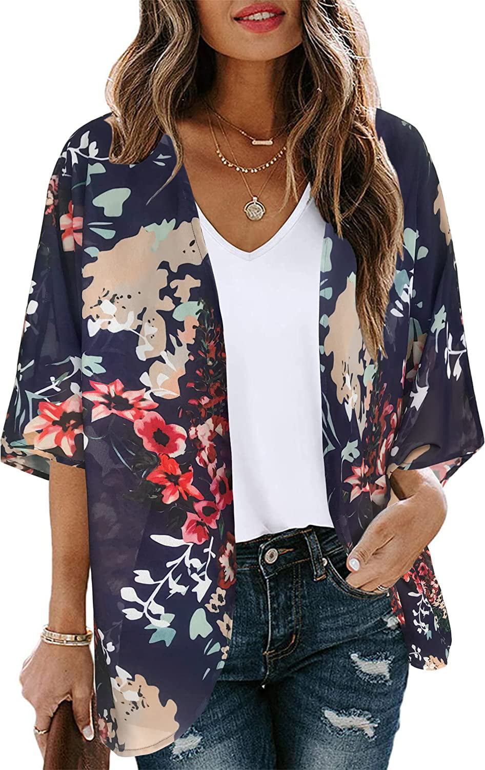 Women's Floral Print Puff Sleeve Kimono Cardigan Loose Cover Up Casual  Blouse Tops - Walmart.com