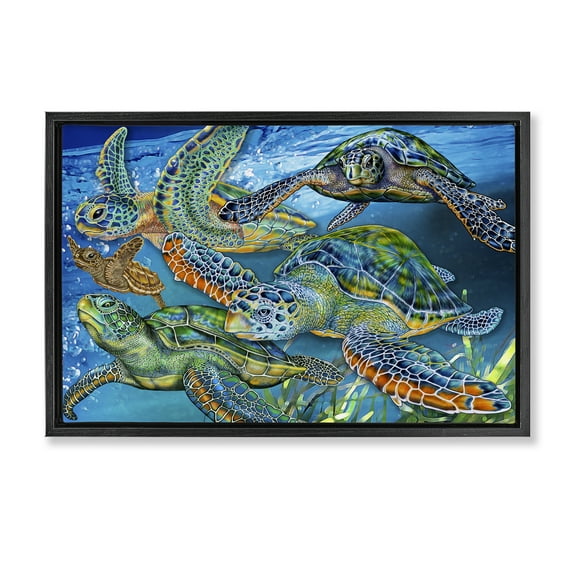 Stupell Industries Tortoise Family Underwater Swim Animals Painting Black Floater Framed Canvas Art Print Wall Art, 25 x 17