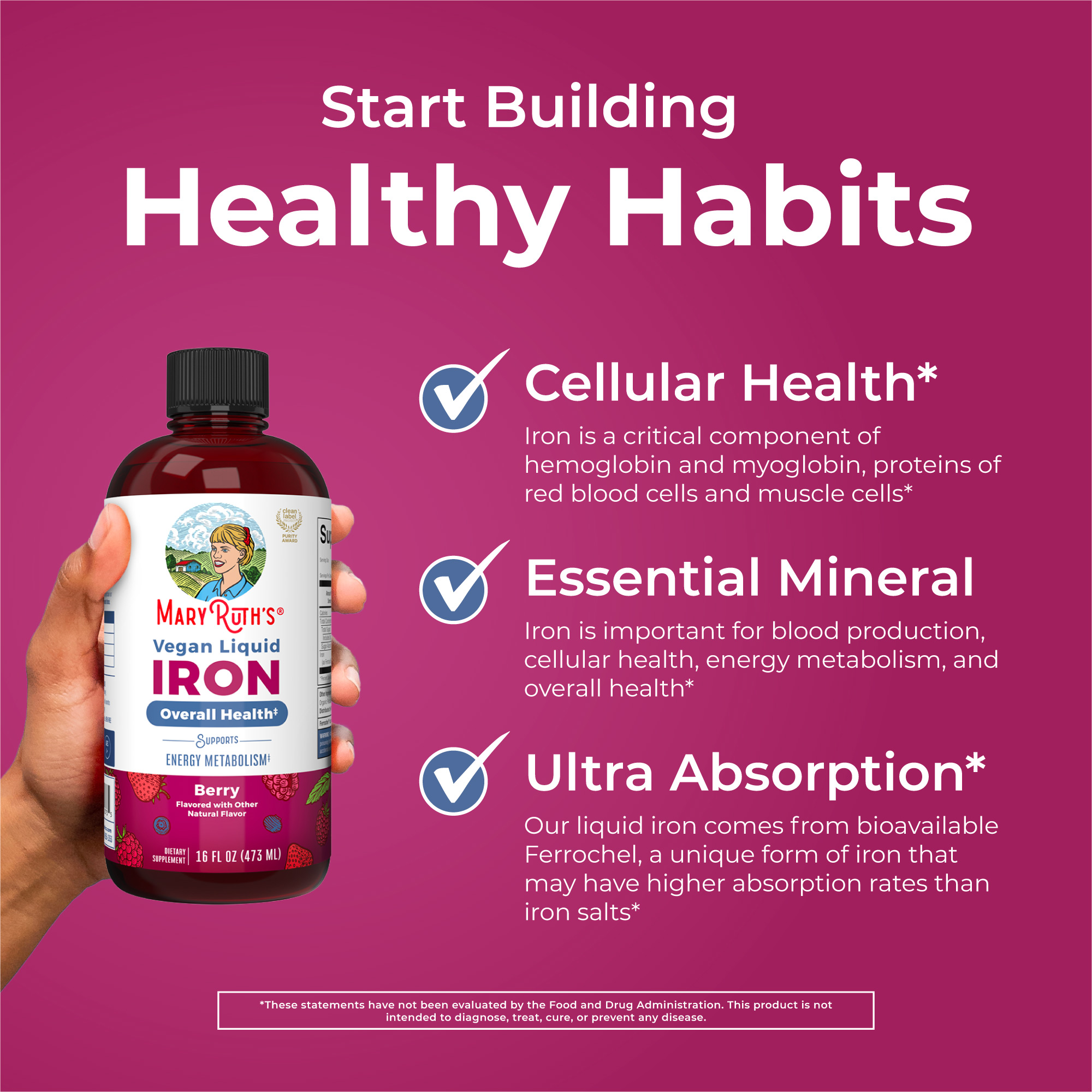 MaryRuth's Vegan Liquid Iron Berry Mineral Supplement, Cellular Overall Health, Unisex, Ages 4+, 16 fl oz