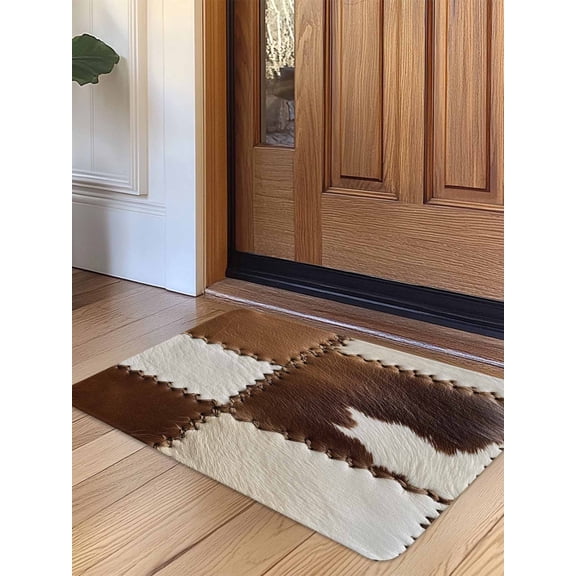 Brown White Leather Texture Door Mat Indoor Outdoor Entrance, Non Slip Rug for Kitchen Bathroom Entryway Rug, Abstract Art Cowhide Washable Doormat Floor Mat for Office Home Decor 20x31.5 Inch