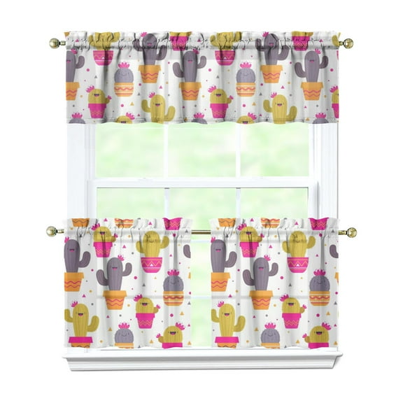 Cactus Kitchen Curtains Set, Succulents Rod Pocket Tier and Valance, Desert Cactus Art Boho Style, Southwestern Succulent Watercolor Cactus Design, Light Filtering Panels