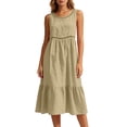 thumbnail image 5 of VBVC Women's Sleeveless Eyelet Tiered Midi Dress , Ladies' Crew Neck Ruffle Dress , Summer Casual Beach Vacation Dresses For Women,Khaki,S-2XL, 5 of 7