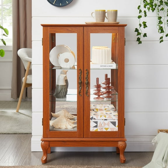 CQSXDA 2 Doors Curio Cabinet with Tempered Glass and Adjustable Shelves for Home or Office in Dark Oak Finish