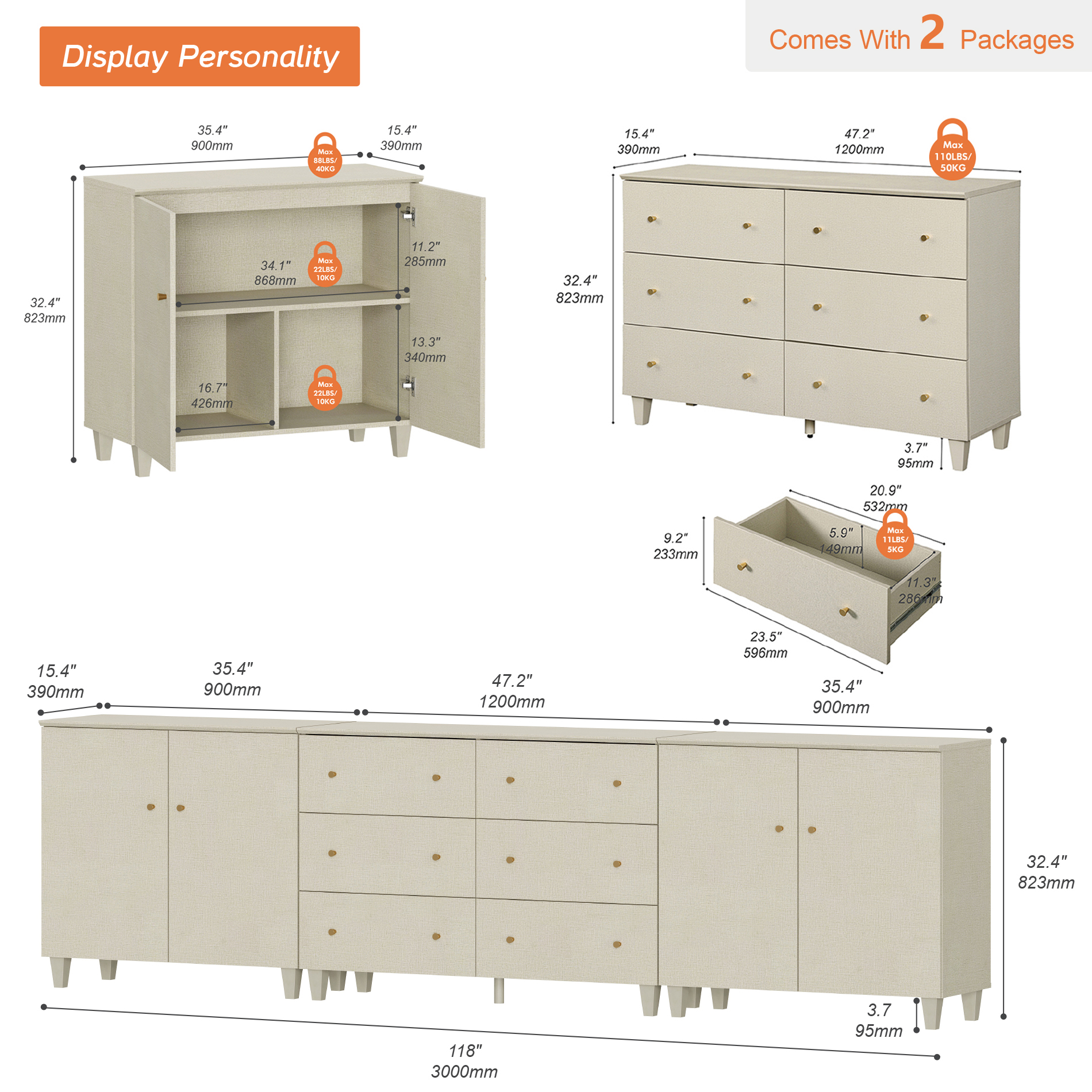 WAMPAT Wide TV Stand for 110+ Inches TVs, 3-in-1 Modern Wooden Media Console with 6 Spacious Drawers and 2 Storage Cabinets for Living Room, Beige
