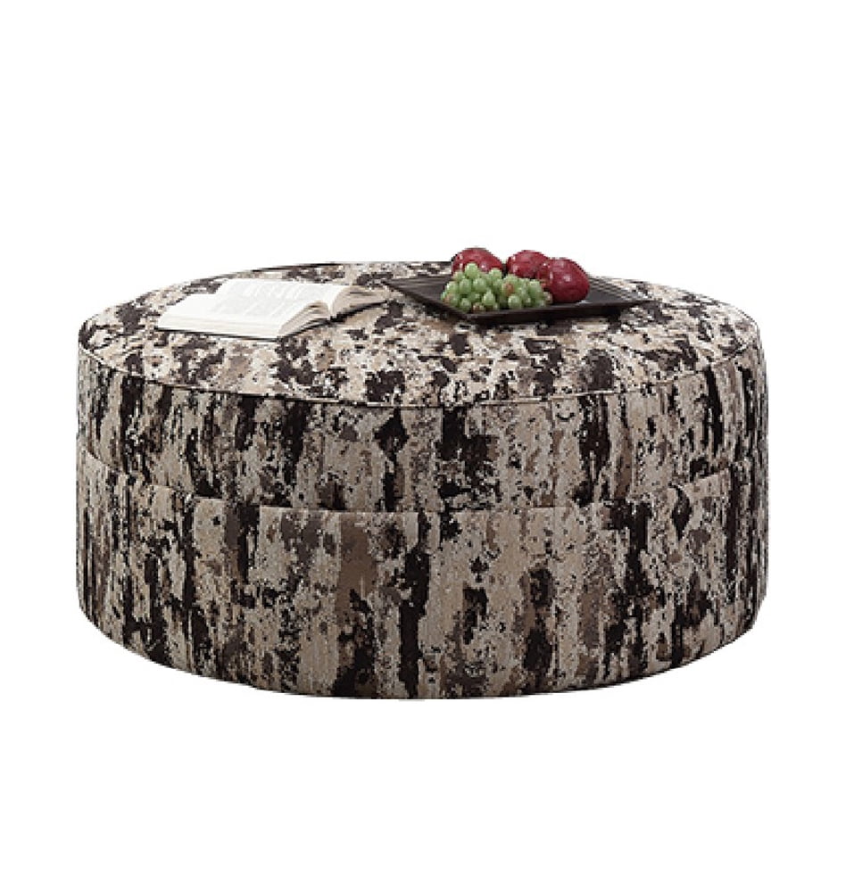 Round Ottoman with Patterned Fabric Upholstery, Cream and Brown