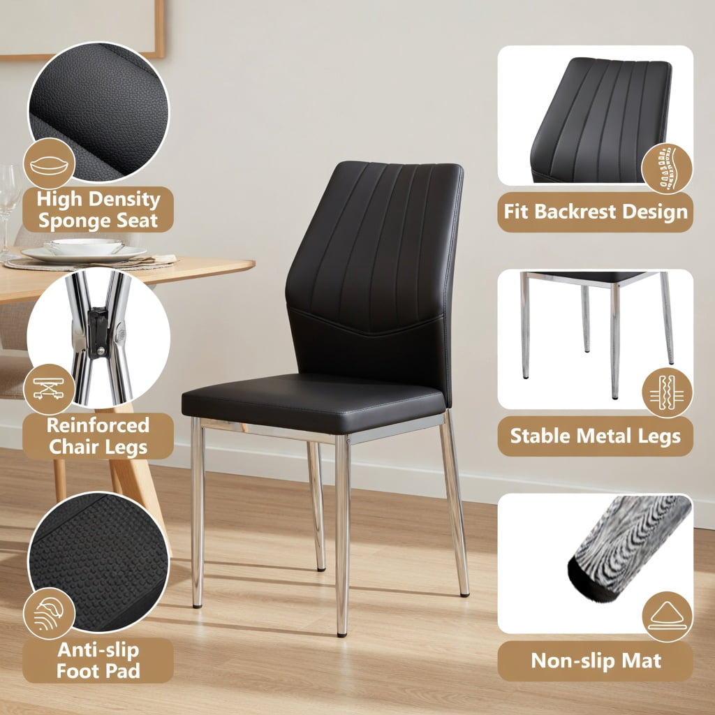 Hommoo Set of 4 Modern Dining Chairs, 37-inch Ergonomic PU Leather Chairs with Sturdy Metal Frame, Adjustable Non-Slip Feet, Easy Assembly, Black & Sliver