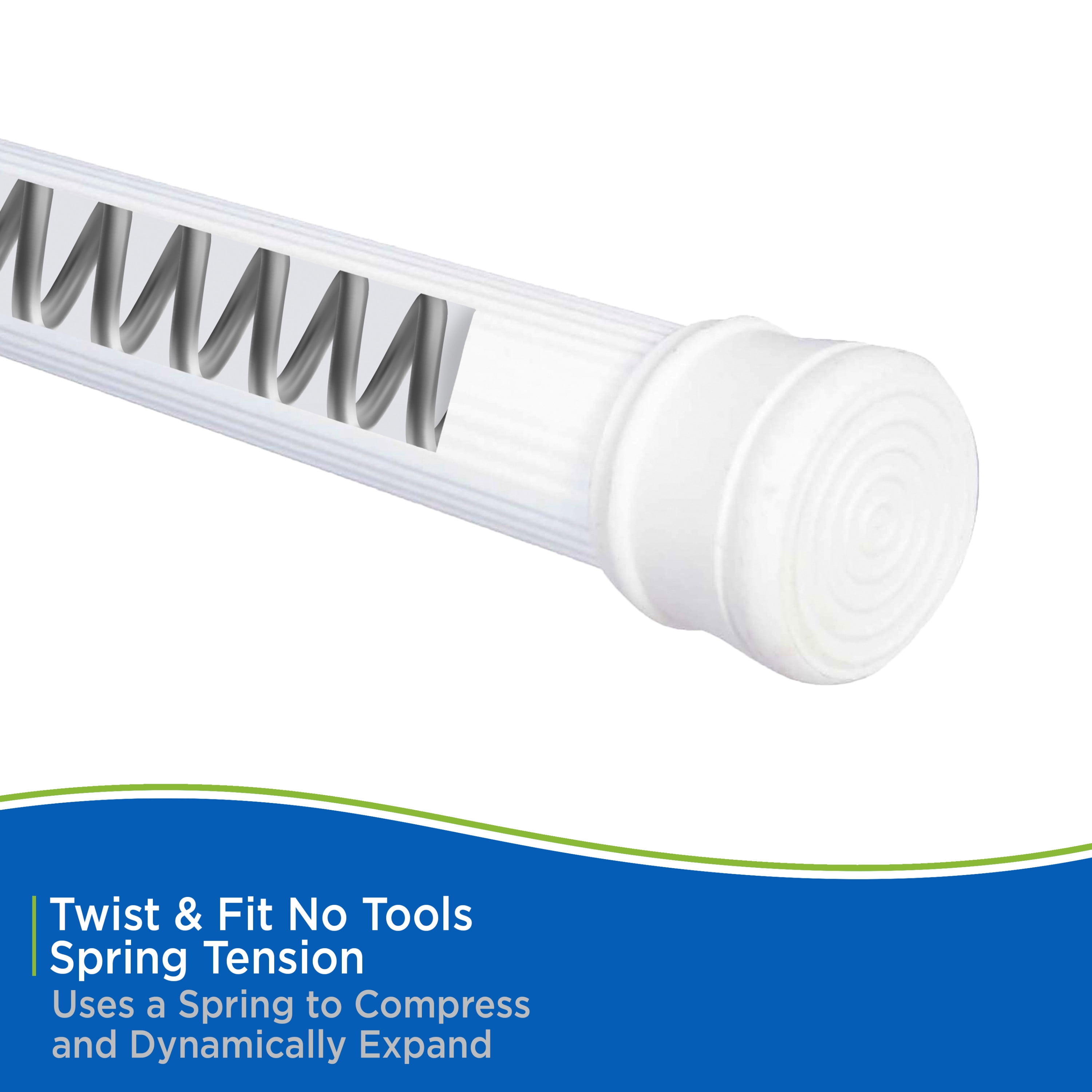 Kenney® Twist & Fit™ No Tools, Rust-Resistant Coated Steel, Spring Tension, Stall Shower Curtain Rod, 24-38", White