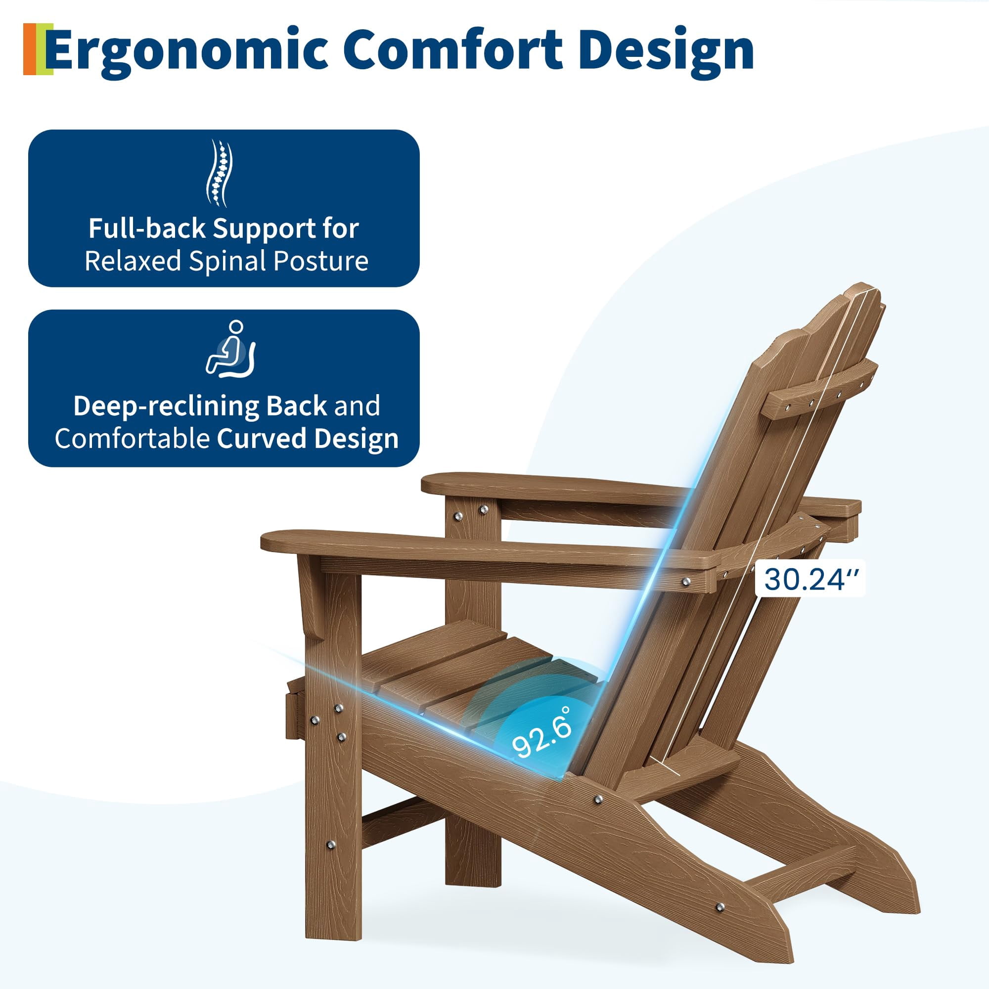 HDPE Adirondack Chair Set of 2, Wood Texture Patio Furniture, Outdoor Lawn Chair for Garden Backyard Deck Poolside,Brown