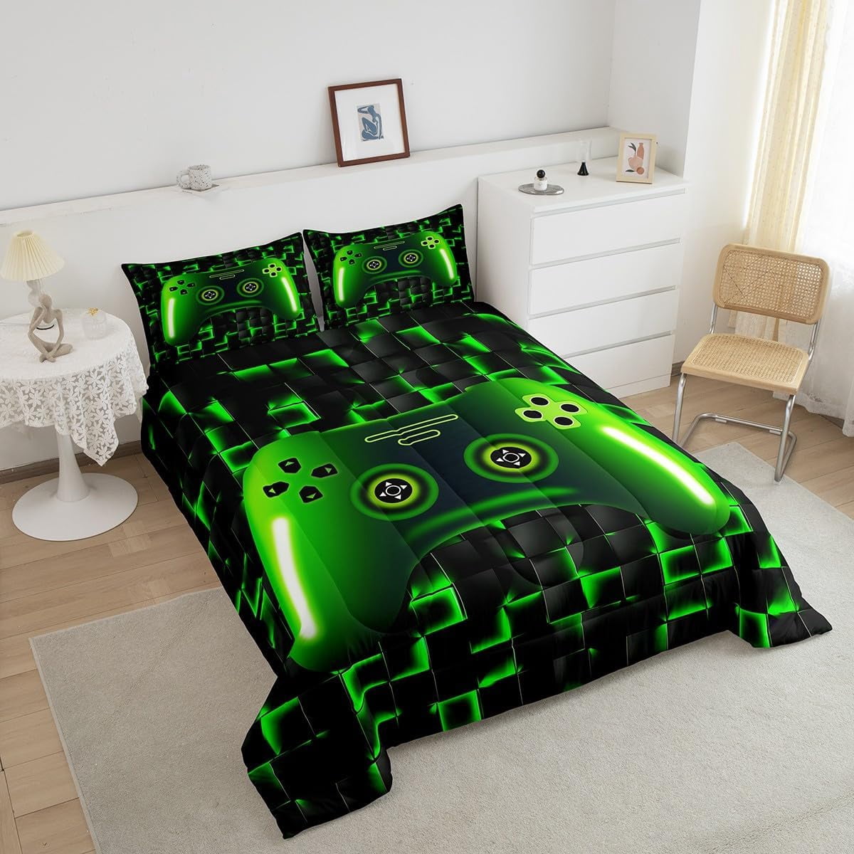 yst Full Size Game Console Comforter Set Gamer Bedding,3D Gaming Geometric Check Lightweight Soft Bedding Sets,Neon Green Gamepad Bed Comforter,Black
