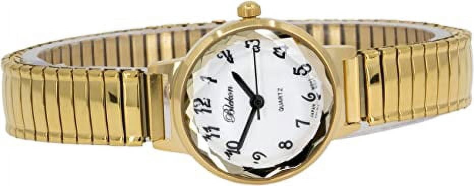 Blekon Collections Women's 25mm Analog Display Case Cut Crystal Mother of Pearl Dial Slim Metal Stretch Expansion Band Ladies Wrist Watch