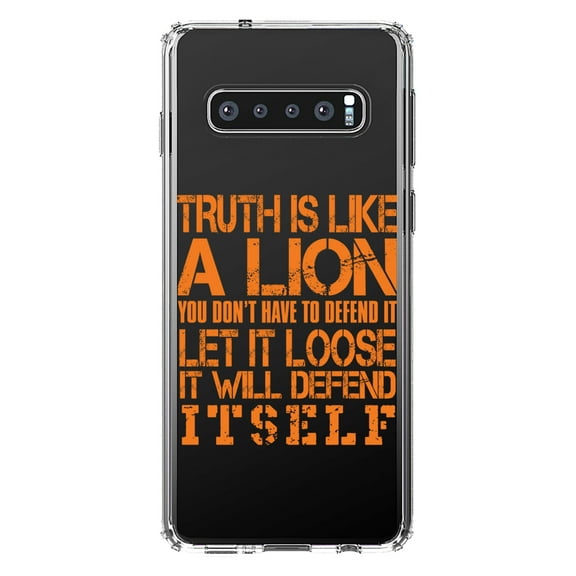DistinctInk Clear Shockproof Hybrid Case for Samsung Galaxy S10 (6.1" Screen) - TPU Bumper Acrylic Back Tempered Glass Screen Protector - Truth is Like Lion - Don't Have to Defend