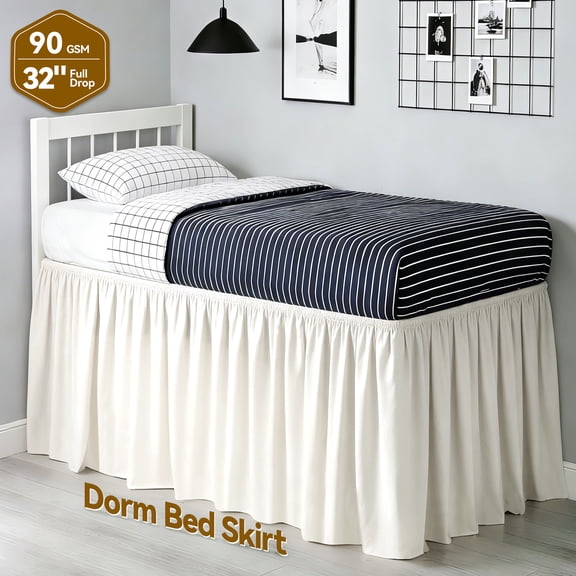 Beige Bed Skirt for Dorm Twin XL - 32" Drop Extra Long Wrap Around Elastic, Easy Install & Machine Washable Dust Ruffle