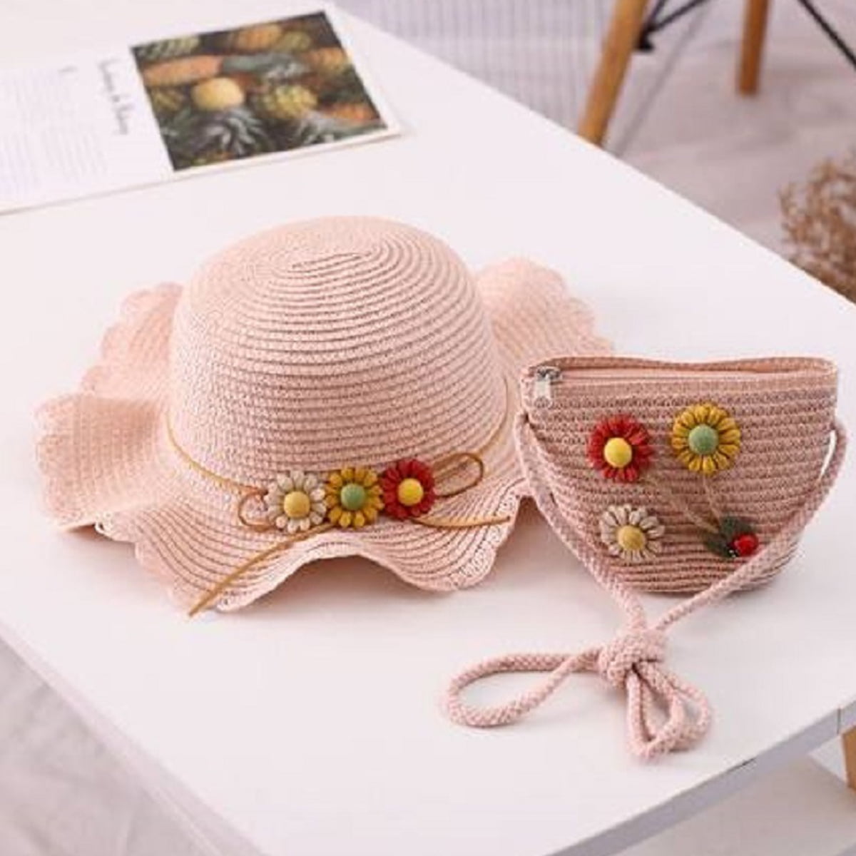 Baby Girls Straw Hat Summer Beach Straw Bag Two Piece Set