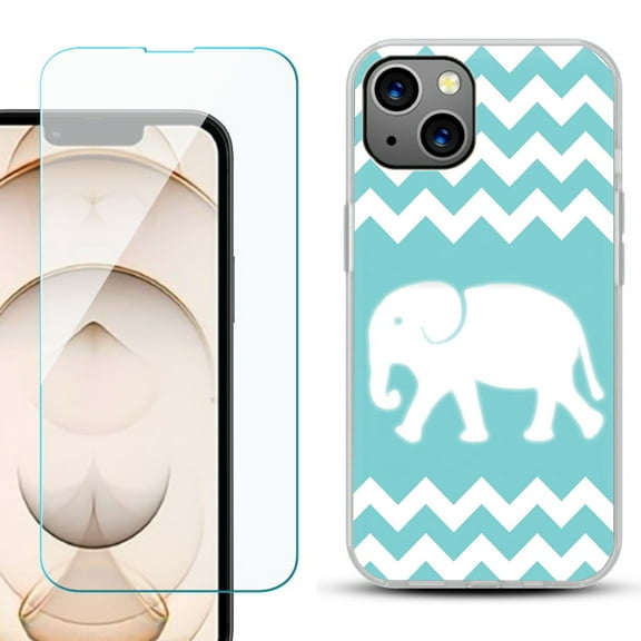 Slim-Fit Flexible TPU Gel Phone Case for iPhone 13, with Tempered Glass Screen Protector, by OneToughShield ® - Chevron/Elephant