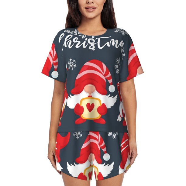Balery Cute Christmas Gnomes (2) Conjunto de Pijama para Mujer con Estampado, Dos Piezas de Manga Corta y Shorts, Ropa de Dormir Suave con Cuello Redondo y Bolsillos-3X-Large