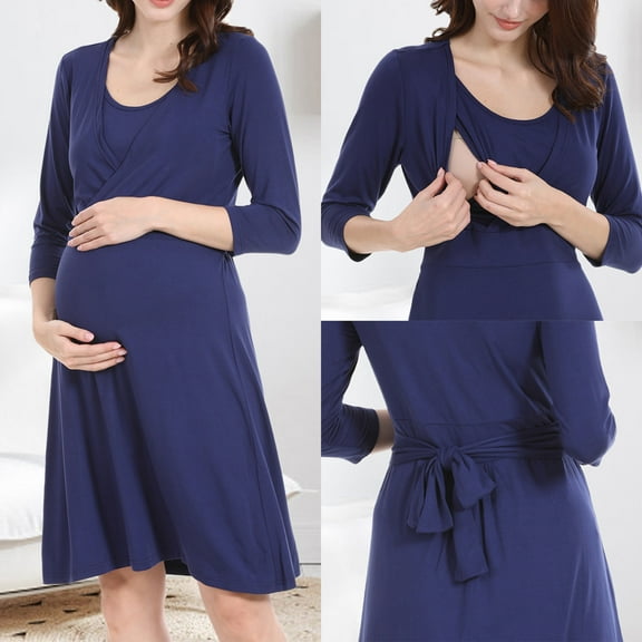 Jinhomg Womens Casual Solid Nursing Dresses Fall Casual Cozy 3/4 Sleeve Midi Pregnancy Dress Loose Fit Maternity Breastfeeding Dresses Seasonal Sale Dark Blue XL