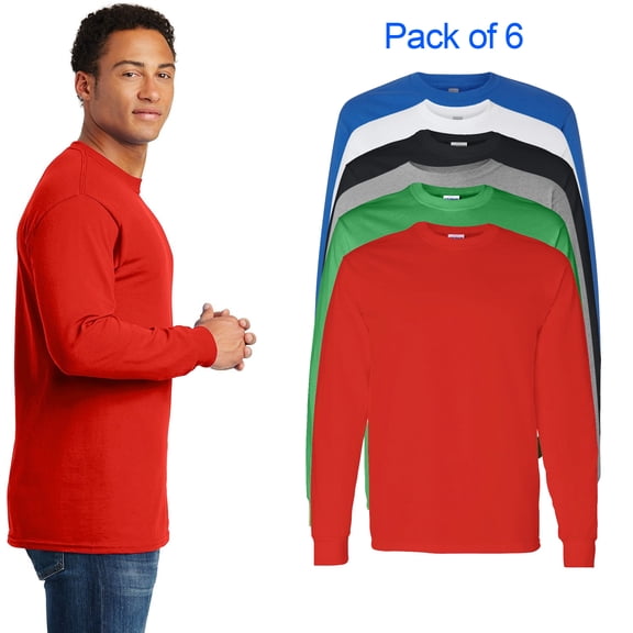 Gildan Long Sleeve T-Shirt for Men, Assorted Color Crew Neck Casual Long Tee, Bulk 6 Pack Size-S